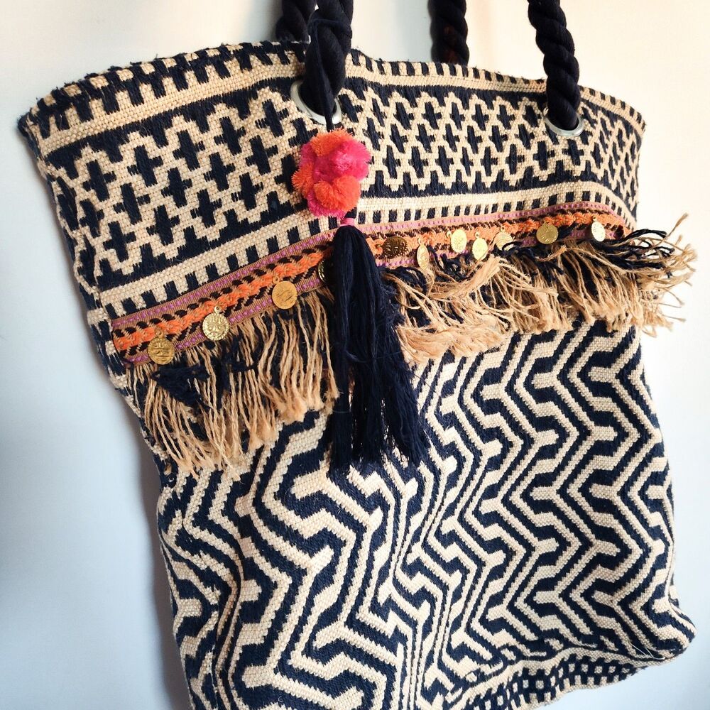 C&C California Bag Tote Woven Jute Boho Shoulder Fringe Navy Cream Coins Hippie - Picture 4 of 11